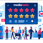 Illustration of happy customers in a MediaMarkt store with a prominent five-star review board.