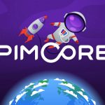 Pimcore logo with astronaut floating in space, holding a rocket over Earth.