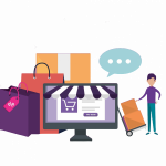 E-commerce illustration with a computer screen, shopping bags, a box, and a person with a cart.