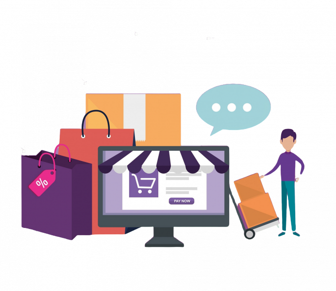 E-commerce illustration with a computer screen, shopping bags, a box, and a person with a cart.